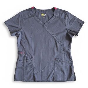 WonderWink WonderFlex Stretch Scrub Top Gray Pink Trim Utility Pockets Nurse M